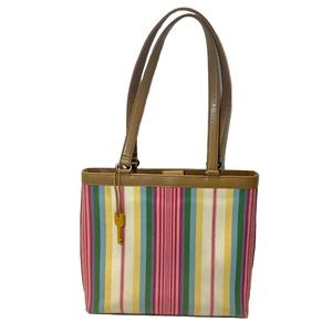 Fossil Multicolor Striped Canvas Tote Bag Tan Leather Trim